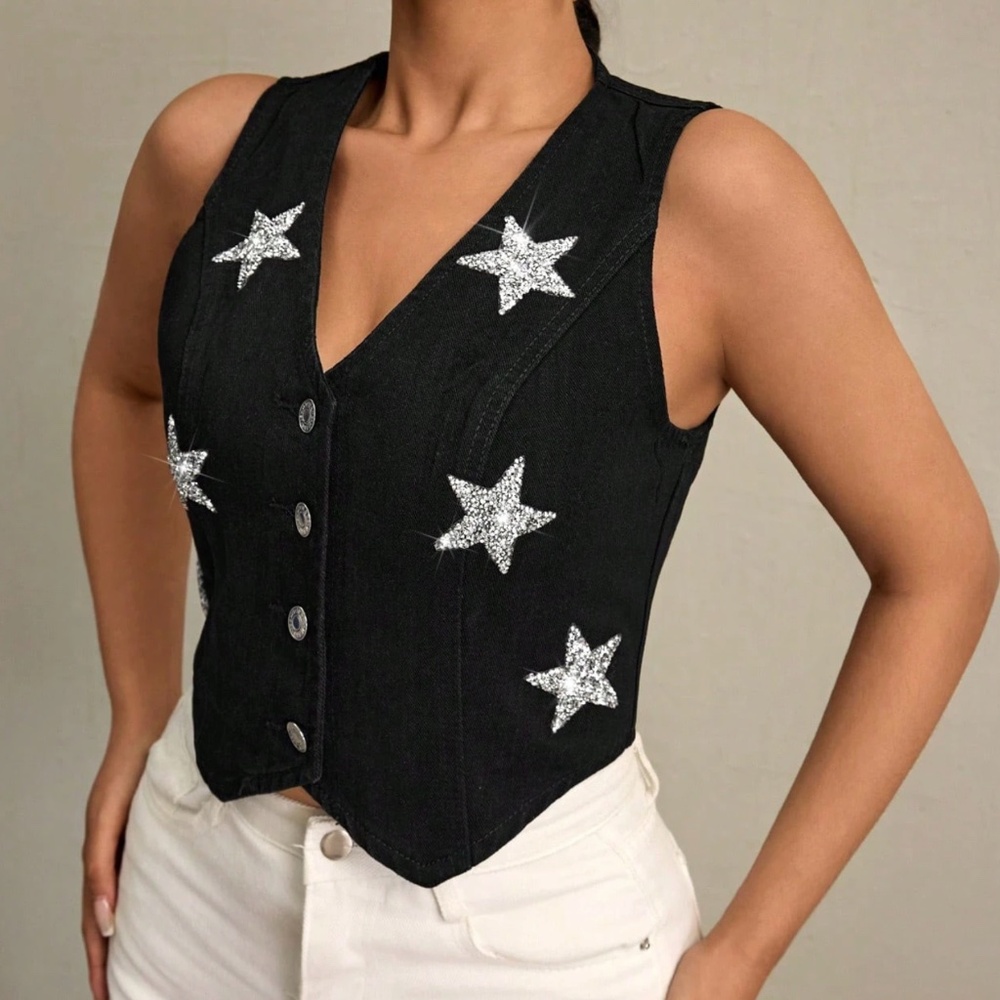 Dark Wash Blue Glitter Star Button Down Denim Jean Western Vest - Picture 11 of 12